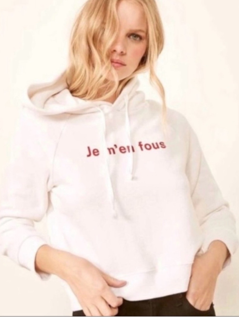 Reformation Jeans Je M’en Fous Hoodie XS Ivory Cropped French Graphic Sweatshirt